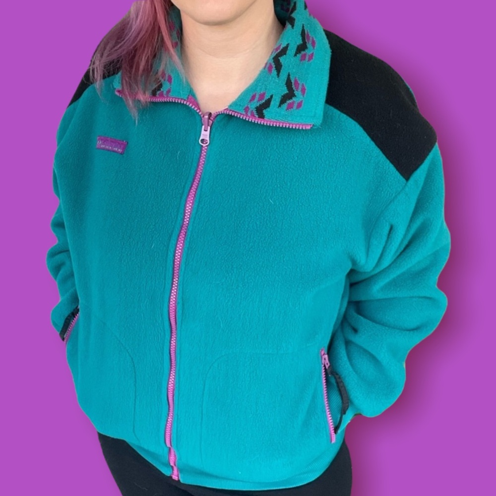 Vintage Columbia fleece jacket turquoise purple zip pockets lined sleeves large